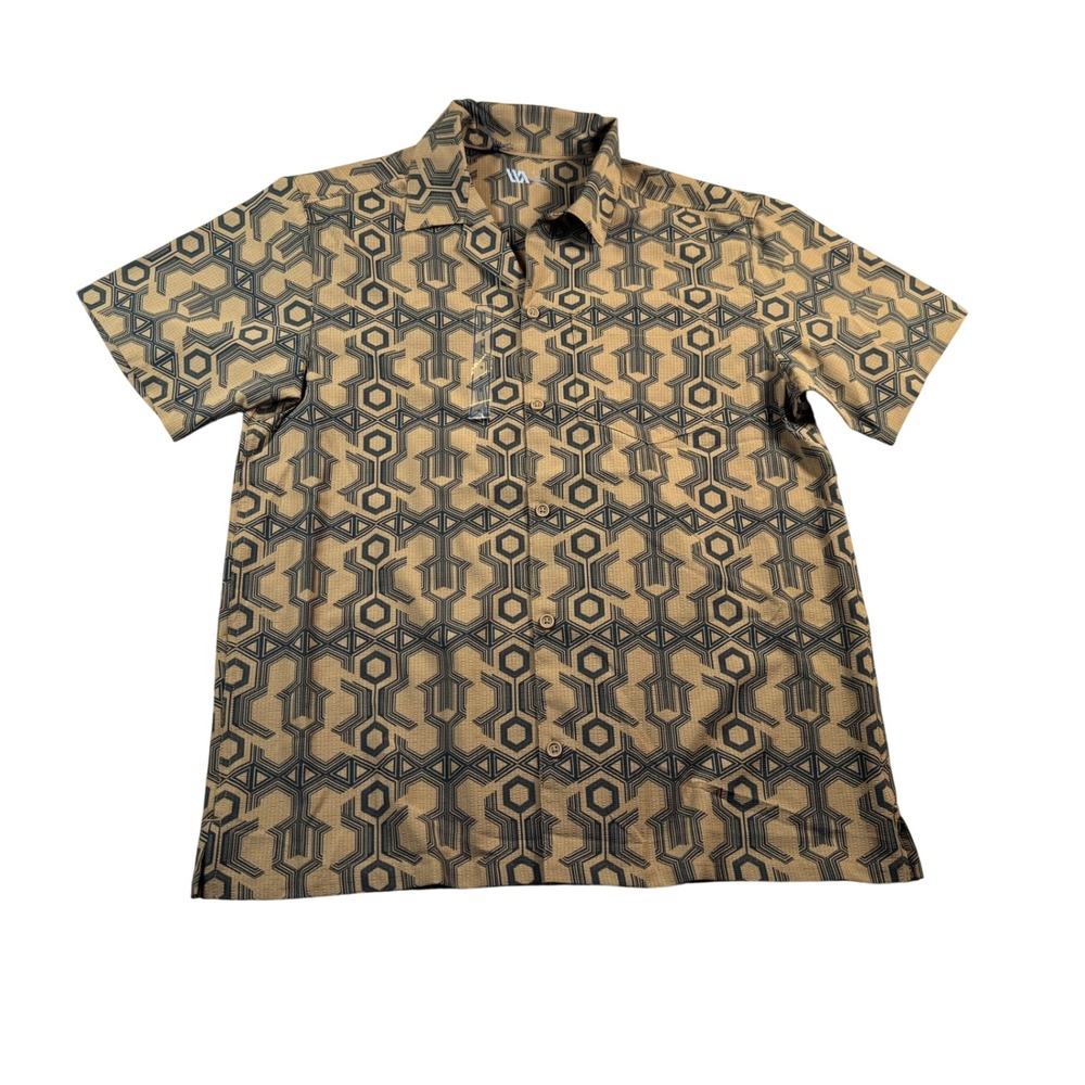 VRST Mens Resort Short Sleeve Shirt Hex Tiles Brown Spice Geometric Stretch S